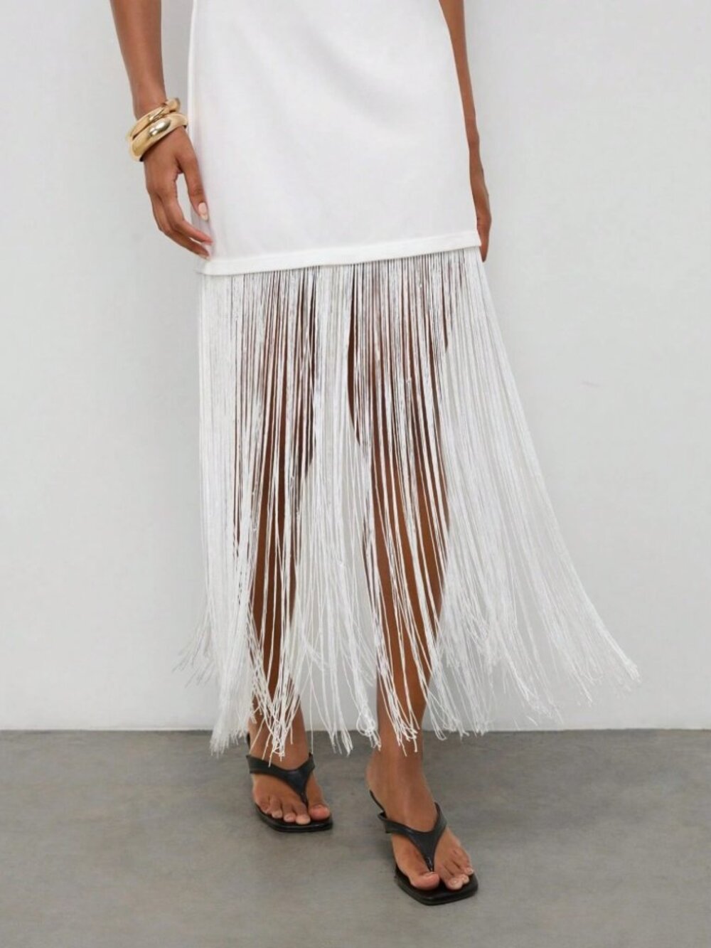 White Knit Fringe Hem Mini Dress - Picture 5 of 6